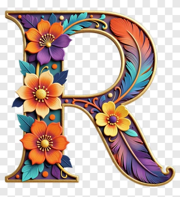 Decorative Letter R With Flowers And Feathers PNG