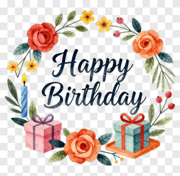 Happy Birthday Watercolor Floral Gift Wreath PNG