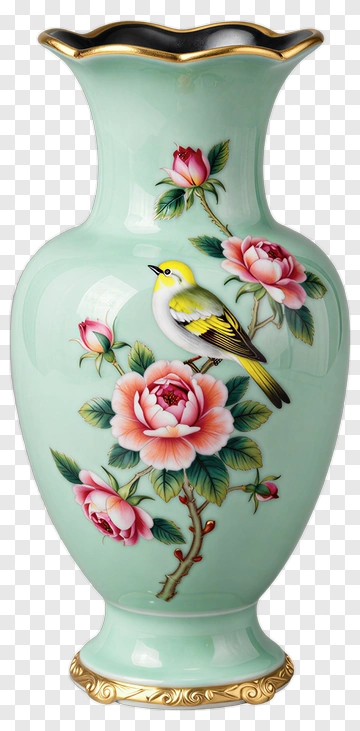 Hand-Painted Vase With Bird And Rose PNG