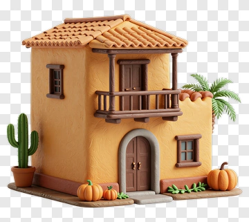 Miniature House With Cactus And Pumpkins PNG