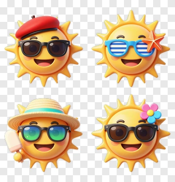 Four Sun Emojis With Accessories PNG