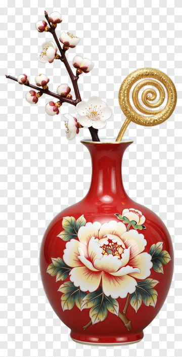 Red Vase With Peony And Plum Blossom PNG