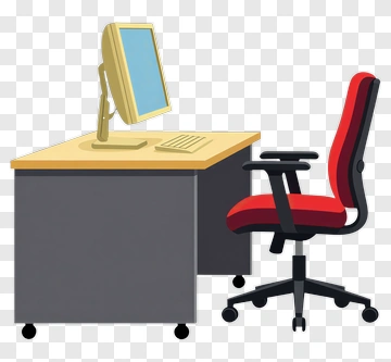 Office Desk With Red Chair And Computer PNG