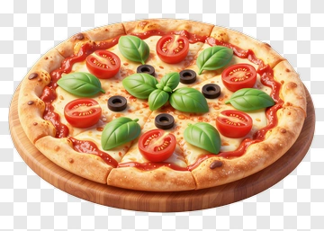 Pizza With Tomato Basil And Olive Toppings PNG