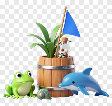 Green Frog And Blue Dolphin With Plant PNG
