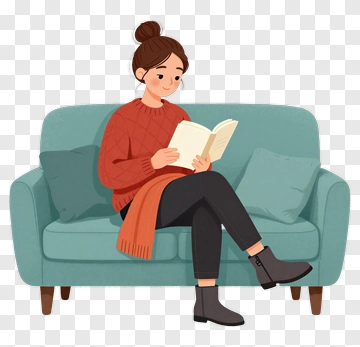 Woman Reading Book On Couch PNG
