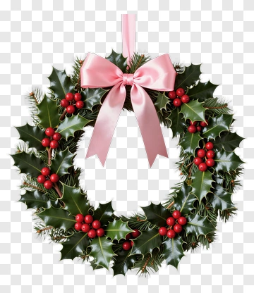 Holly Wreath With Pink Bow PNG