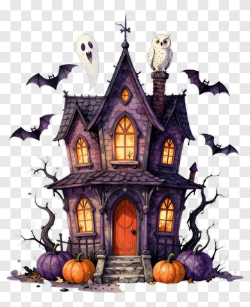 Haunted House With Owl And Ghost PNG