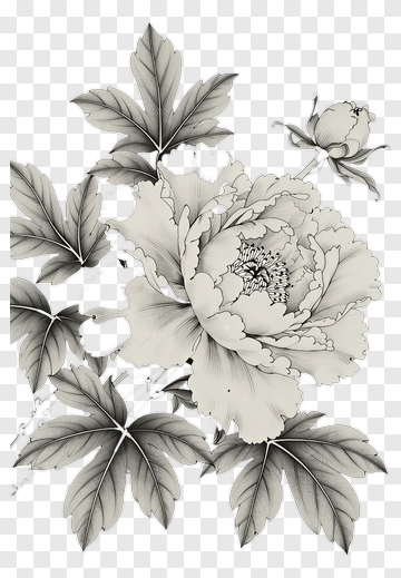 Hand Drawn Peony Flower With Leaves PNG