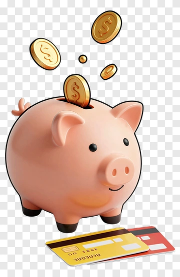 Pink Piggy Bank With Coins And Credit Card PNG