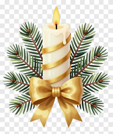 Candle With Pine And Gold Bow PNG