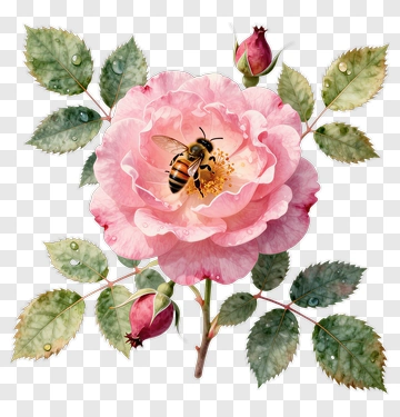 Bee On A Pink Rose PNG