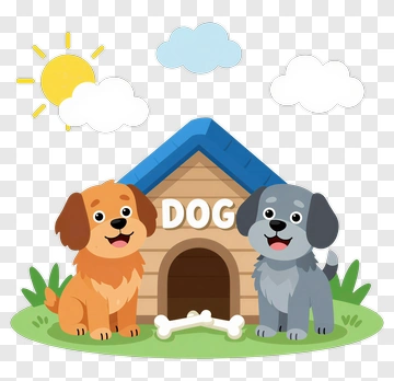 Two Dogs In Front Of Doghouse PNG