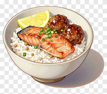 Salmon And Meatballs Rice Bowl PNG