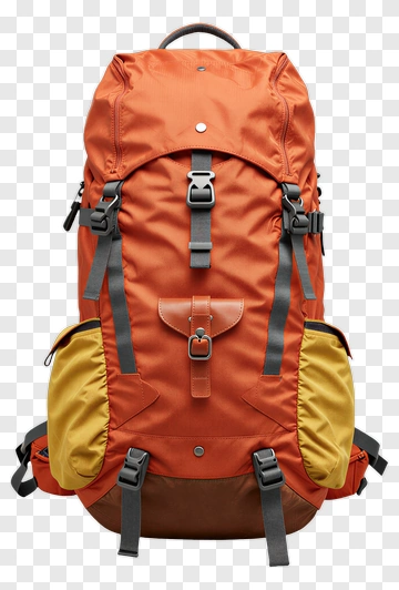 Orange Hiking Backpack With Yellow Pockets PNG