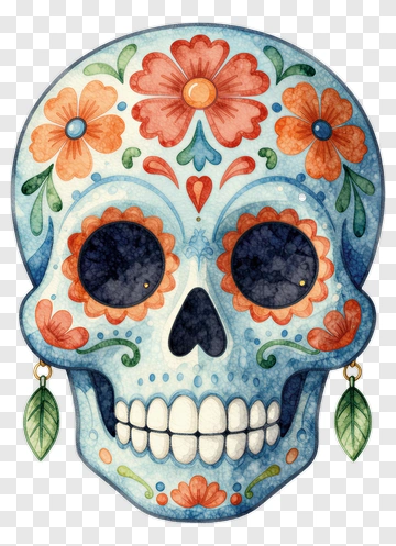 Colorful Sugar Skull With Floral Decor PNG
