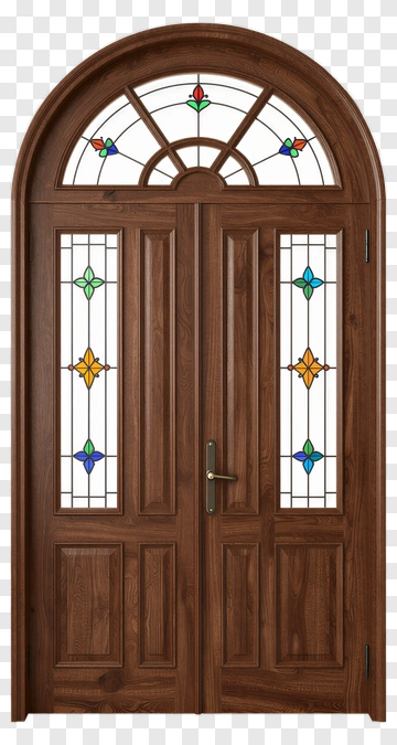 Wooden Door With Stained Glass PNG