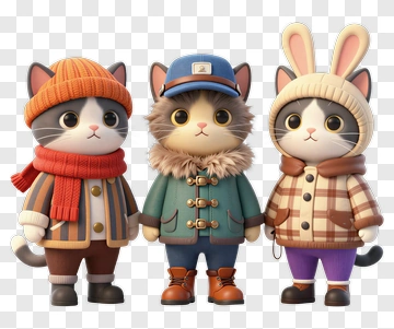 Three Cute Cats In Winter Outfits PNG