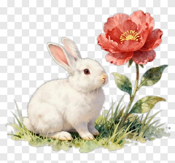 White Rabbit And Pink Flower PNG