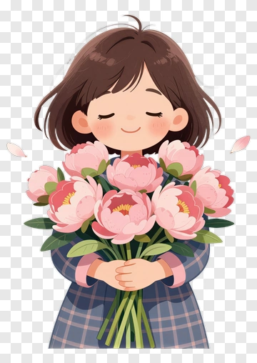 Girl Holding Pink Flowers PNG