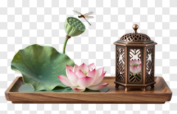 Lotus Flower With Dragonfly On Wooden Tray PNG