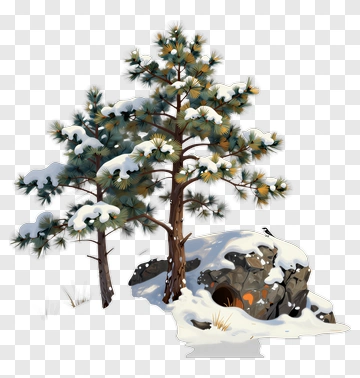 Snowy Pine Tree With Rock And Bird PNG