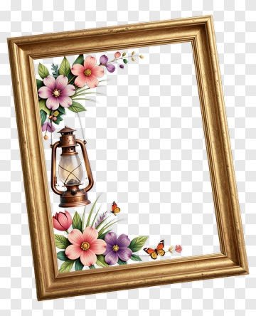 Gold Frame With Lantern And Flowers PNG