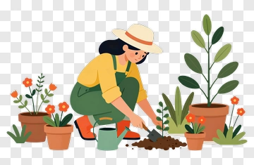 Woman Gardener Planting Flowers PNG