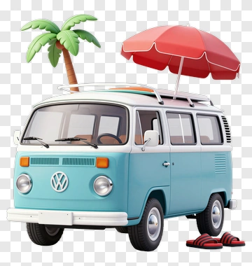 Blue Van With Palm Tree And Red Umbrella PNG