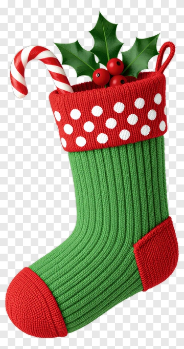 Green Christmas Stocking With Candy Cane And Holly PNG