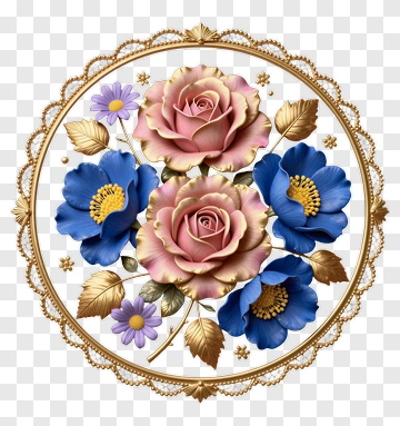 Pink And Blue Floral Arrangement In Gold Frame PNG