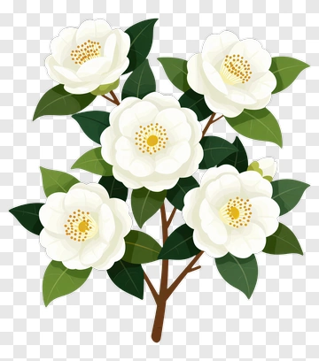 White Camellia Blossoms With Green Leaves PNG