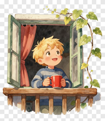 Boy Holding Red Cup By Window PNG