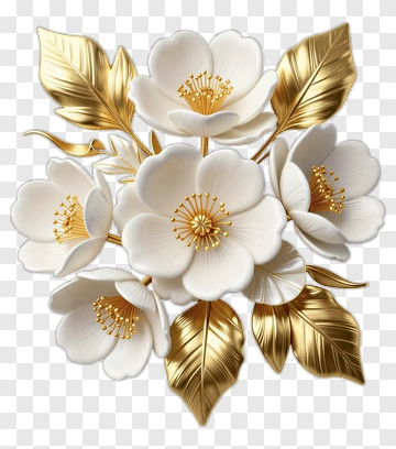 White Flowers With Gold Leaves PNG