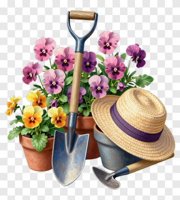 Garden Tools And Pansies PNG