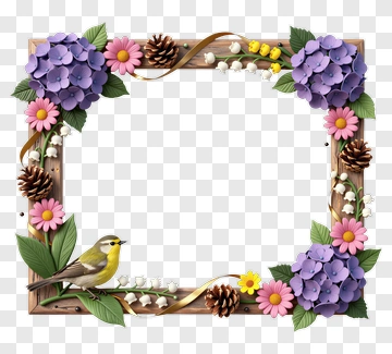 Floral Wooden Frame With Bird And Pinecones PNG