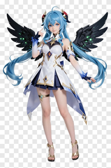 Anime Character With Blue Hair And Angel Wings PNG