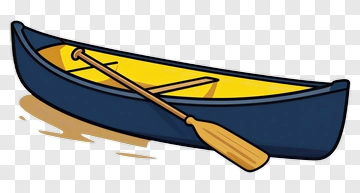 Blue Canoe With Yellow Interior And Wooden Paddle PNG
