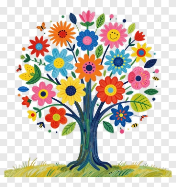 Colorful Flower Tree With Butterflies And Bees PNG