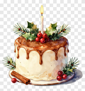 Watercolor Birthday Cake With Holly And Candle PNG
