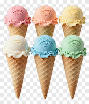 Six Colorful Ice Cream Scoops In Waffle Cones PNG