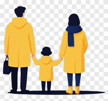 Family Walking Together In Yellow Coats PNG