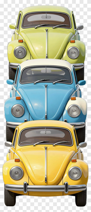 Three Colorful Volkswagen Beetles Stacked PNG