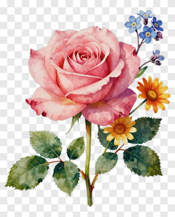 Pink Rose With Blue And Yellow Flowers PNG