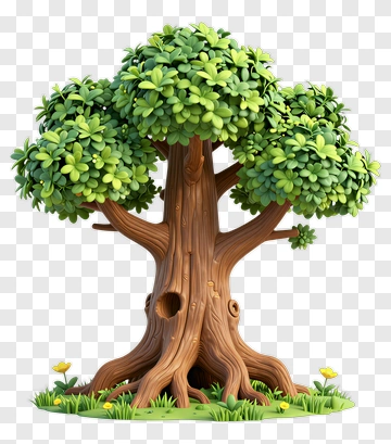 3D Cartoon Tree With Foliage And Flowers PNG