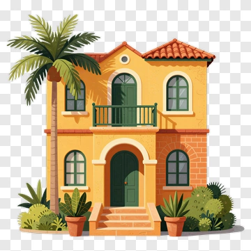 Cozy Tropical Villa With Palm Tree PNG