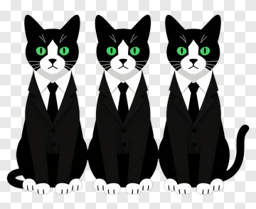 Three Black And White Cats In Suits PNG