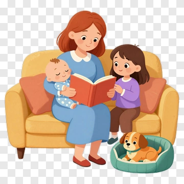 Mother Reading To Children With Dog PNG