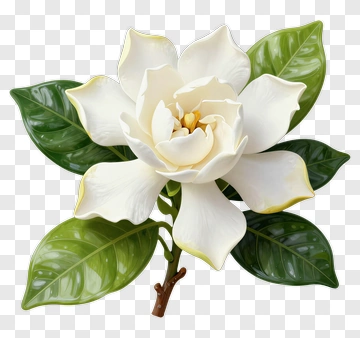 White Gardenia Flower With Green Leaves PNG