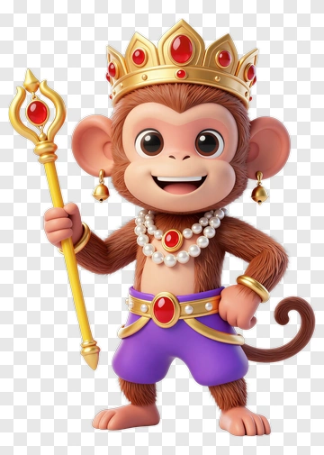 Cartoon Monkey King With Crown And Staff PNG